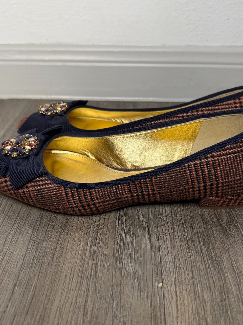 J.Crew Plaid Bow Flats Rust/Navy Women’s Size 7.5 Ballet Shoes - Picture 2 of 10